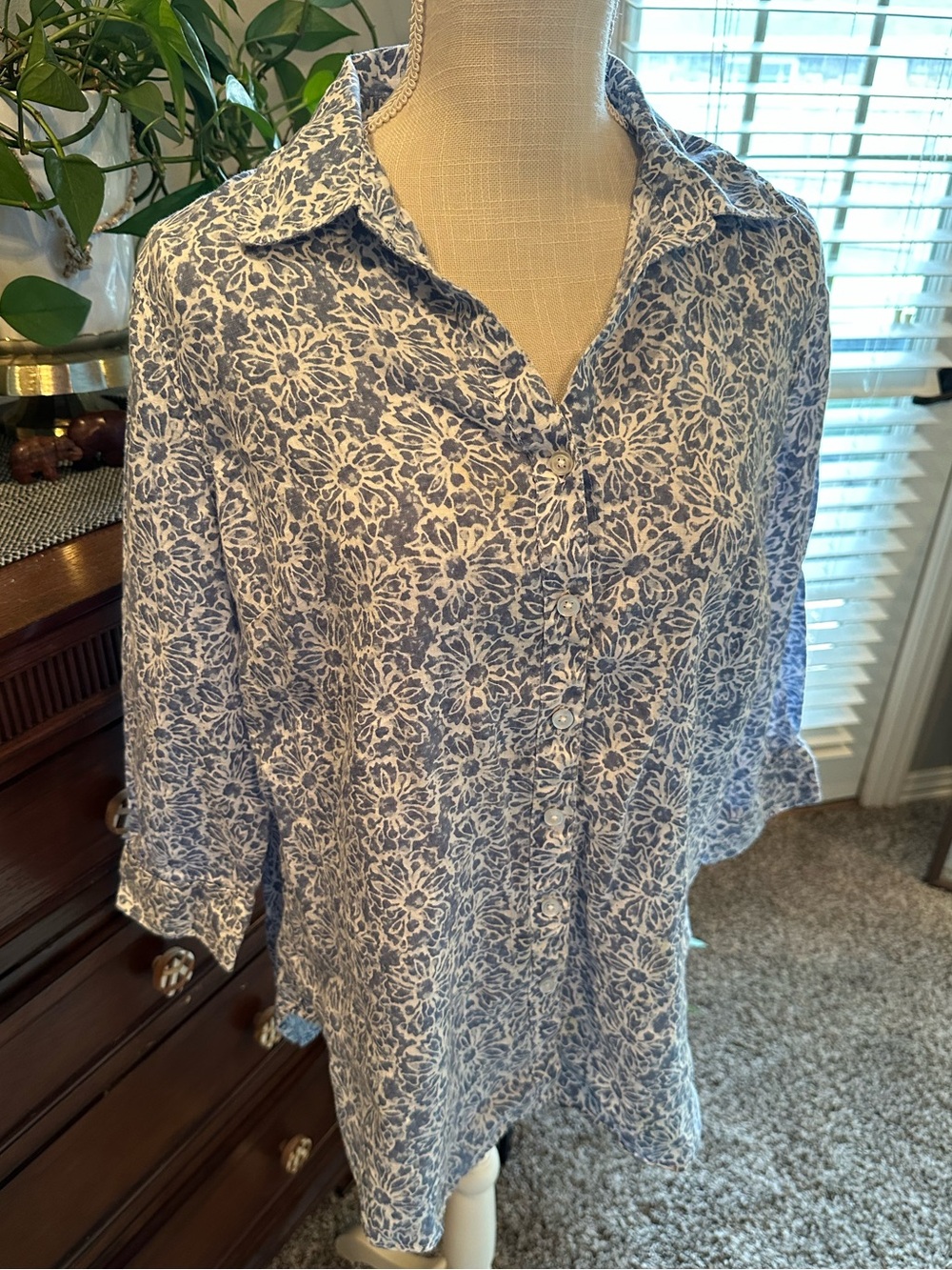 Talbots Blue and White Floral Button-Down Shirt